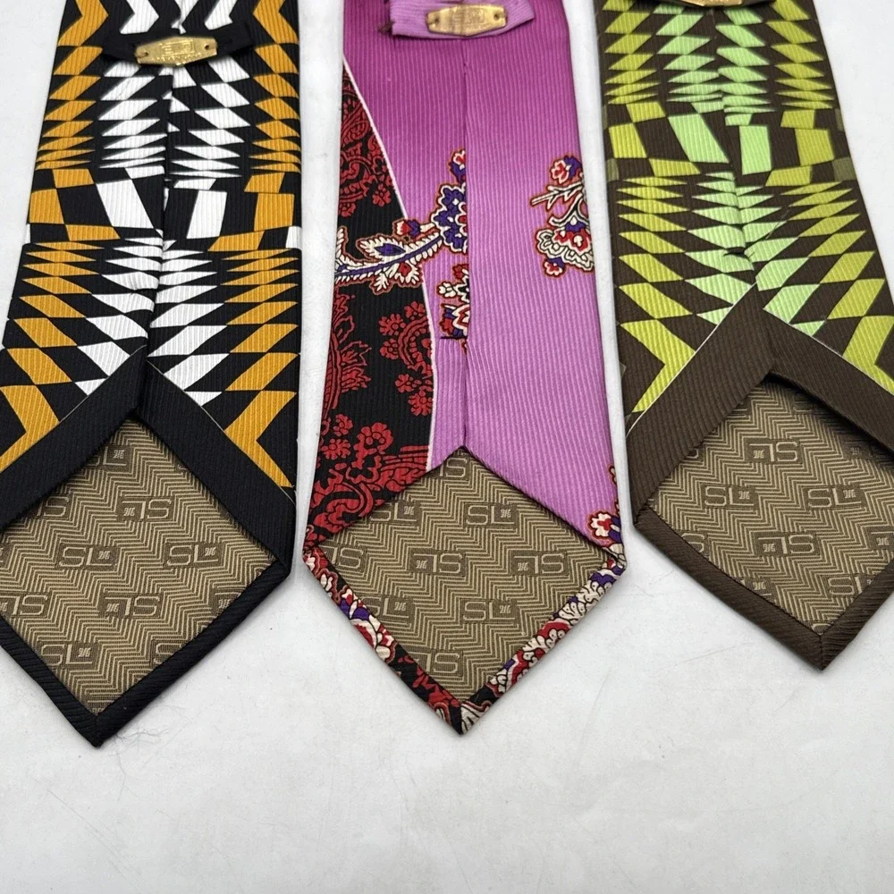 Steven Land Big Knot Silk Tie Black Gold White Geometric Art Deco Mens Necktie